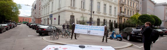 Activists protest against Iranian regime’s role in Syria in front of Iranian embassy in Vienna ahead of nuclear talks