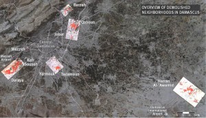 الأحياء المهدمة في دمشق. المصدر: هيومان رايتس ووتش، "التسوية بالأرض: عمليات الهدم غير المشروع لأحياء سكنية في سوريا في 2012-2013"، كانون الثاني/يناير 2014.