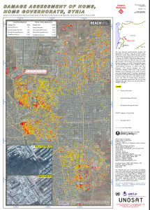 تقييم الدمار في حمص. المصدر: برنامج تطبيقات الأقمار الصناعية التشغيلية (UNOSAT) التابع لمعهد الأمم المتحدة للتدريب والبحث (Unitar).