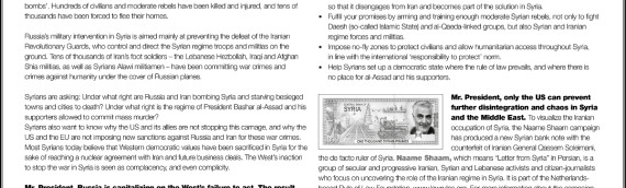 Open letter to President Obama in Washington Post: Russian bombing of Syria is causing death and destruction, fueling extremism